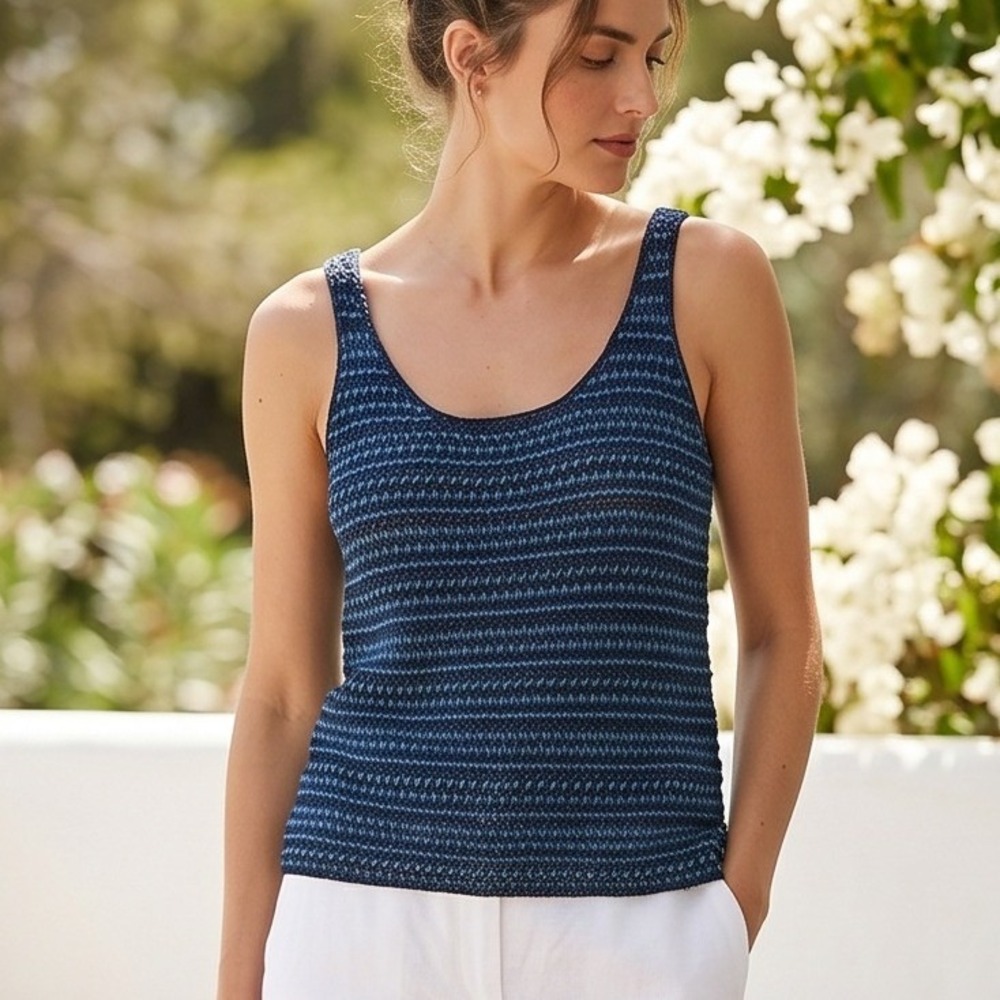 Lauren Ralph Lauren XL Denim Blue Open Knit Crochet Tank Top